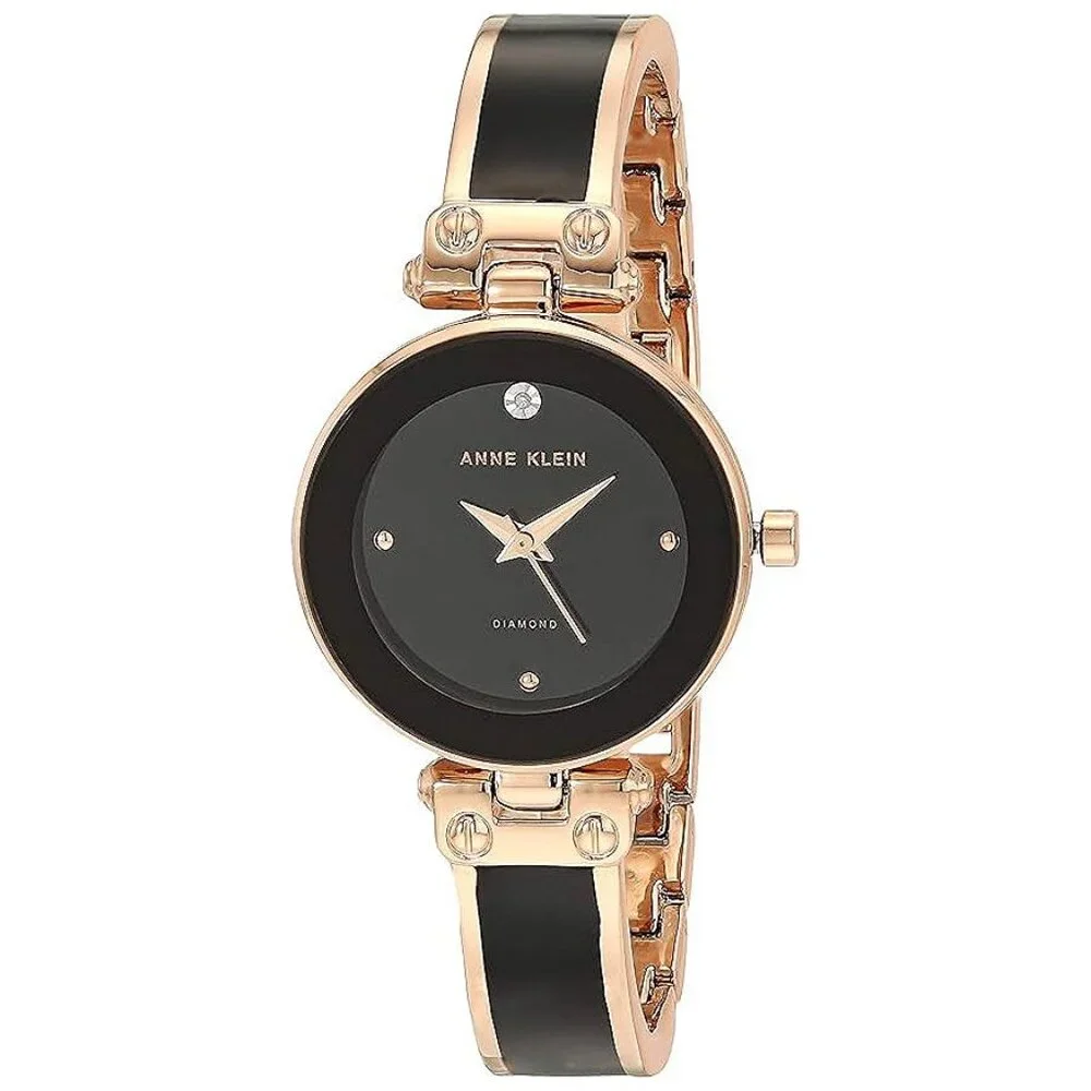 Women's Genuine Diamond Dial Bangle Watch Black/Rose Gold - Picture 1 of 4